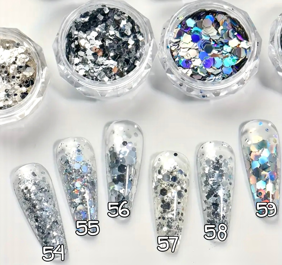 54 à 59. Glitter flakes argent