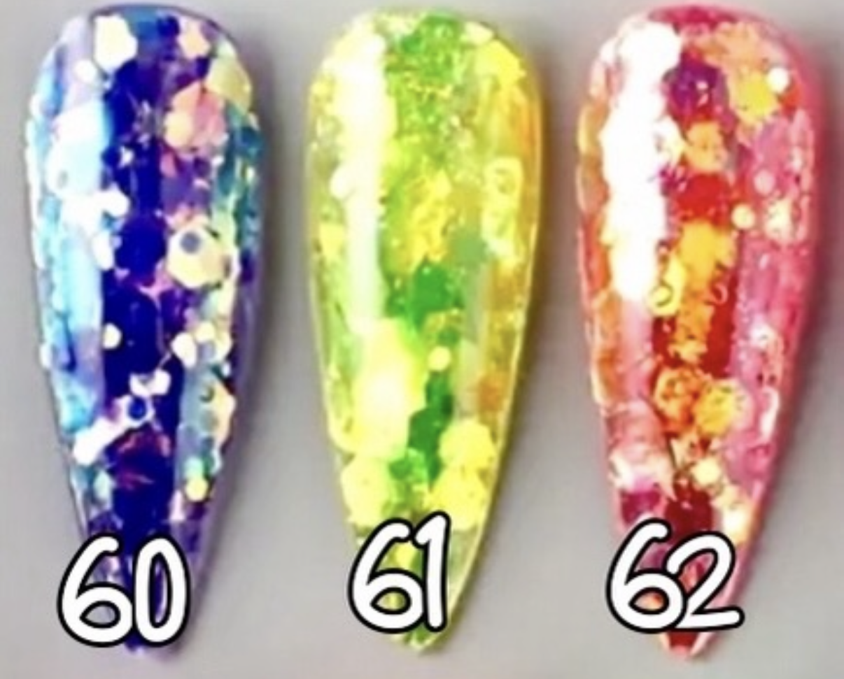 60 à 62. Glitter flakes néon