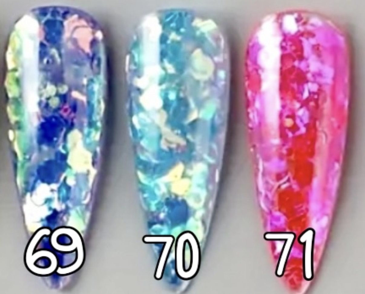 69 à 71. Glitter flakes néon